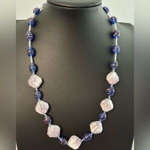 Blue & Silver Marbled Bead Statement Necklace Artisan Style Glass & Acrylic
